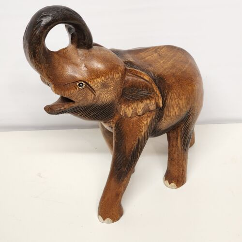 Wood Carved Elephant Painted and Stained Standing Vintage 10" L x 4½" W x 11" H