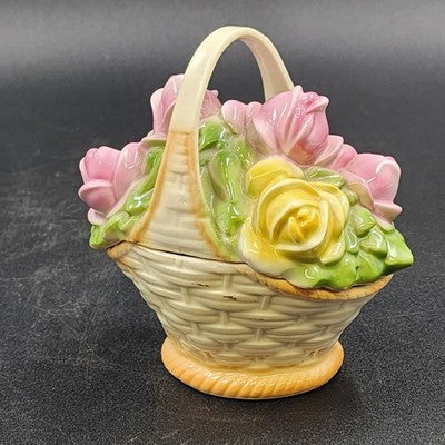 Porcelain Basket w Handle 5"h Pink Yellow Rose Bouquet 2 pcs Trinket Box Germany