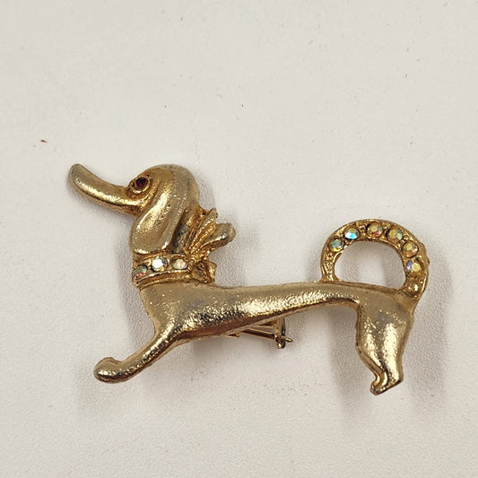 Dachshund Dog Gold Tone Brooch Badge Pin w/ Red Eyes Crystal Clear Rhinestone 2"