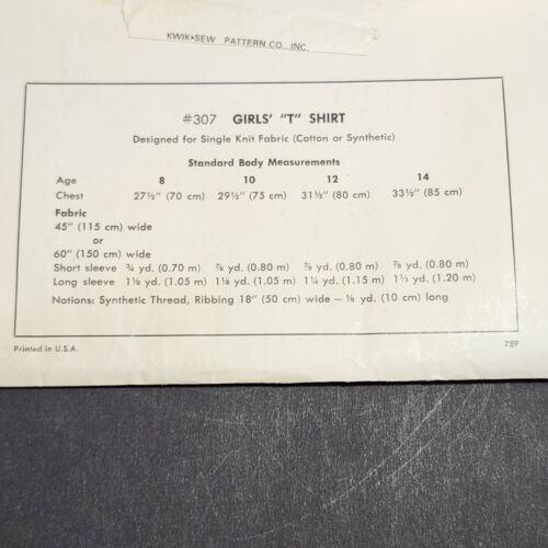 KWIK SEW 307 Vintage Sewing Pattern Girls T Shirt Sizes 8 thru 14 Uncut