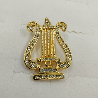 Gold Tone Music Instrument Harp with Rhinestone Brooch Lapel Pin 1.25" Vintage