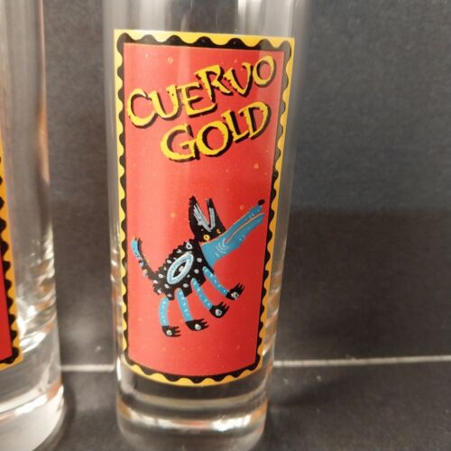 2 Collectible Tall Shot Glasses Cuervo Gold Mexican Art Red And Yellow