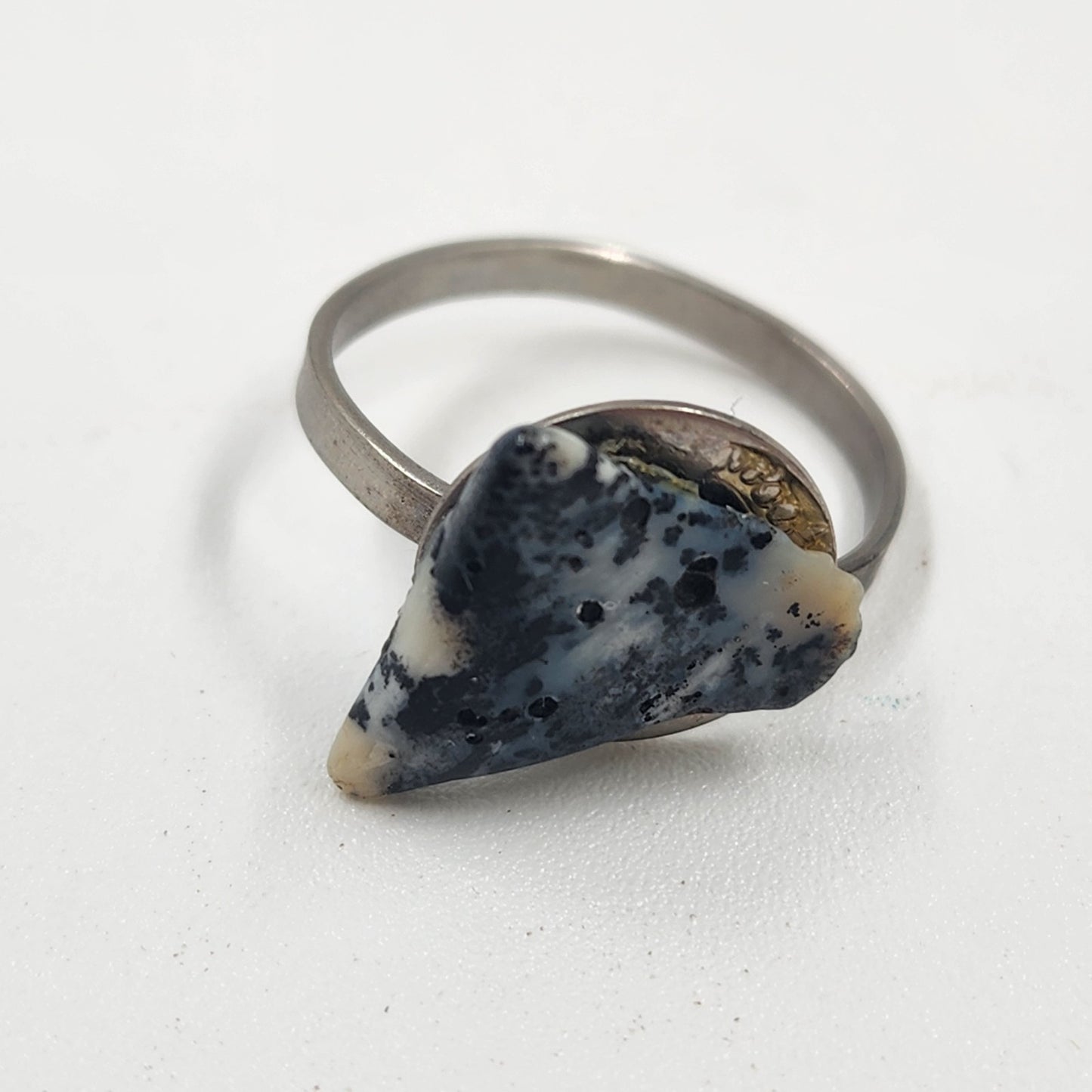 Adjustable Silver Tone Dalmatian Stone Ring Triangle Shape Size 6.75-7