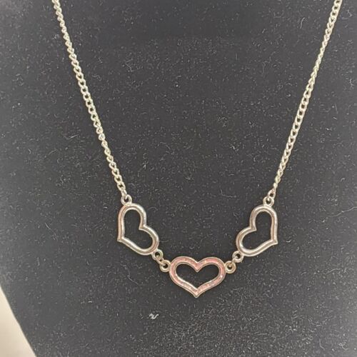 Three Heart Silver Tone Necklace 16" Pink Glitter Center Lobster Clasp Jewelry