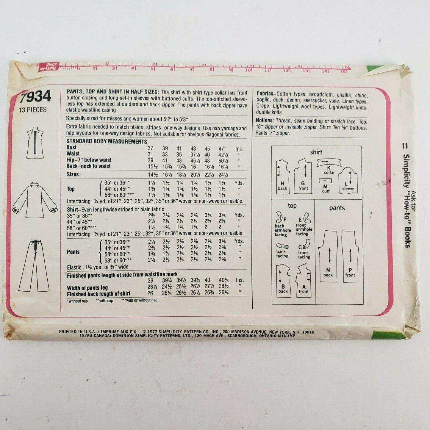 Simplicity Printed Sewing Pattern 7934 Women Top Shirt & Pants 16½ 18½ Vintage