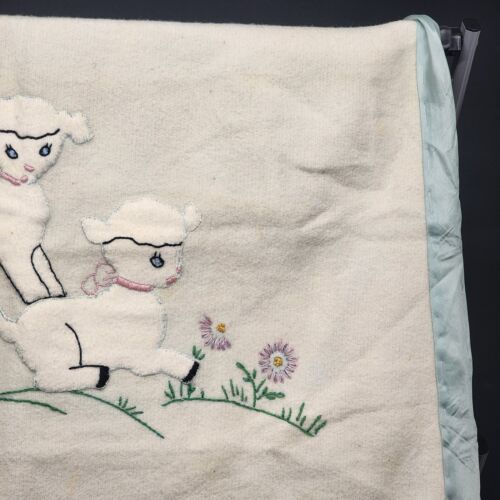 Baby Blanket Appliqued Embroidered Lamb & Flowers Blue Satin Edging 38" x 28"