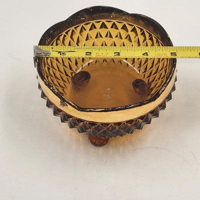 Indiana Glass Amber Diamond Point Three Foot Scalloped Gold Candy Dish Bowl 1970