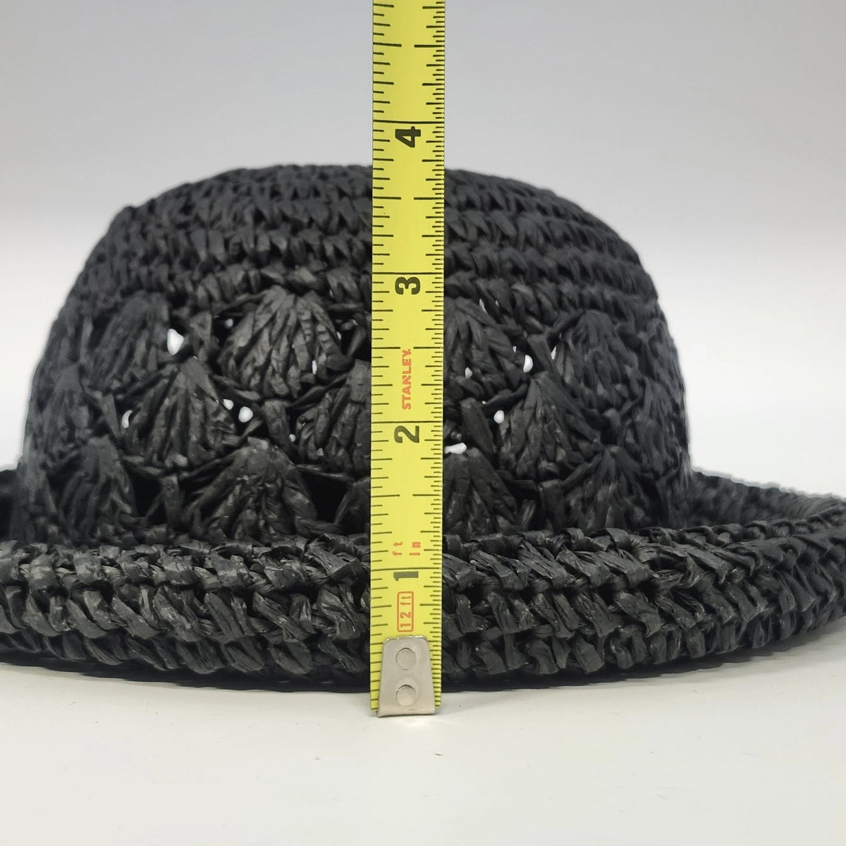 Women's Black Crochet Straw Cloche Hat Rolled Brim Cut Out Open Weave One Size