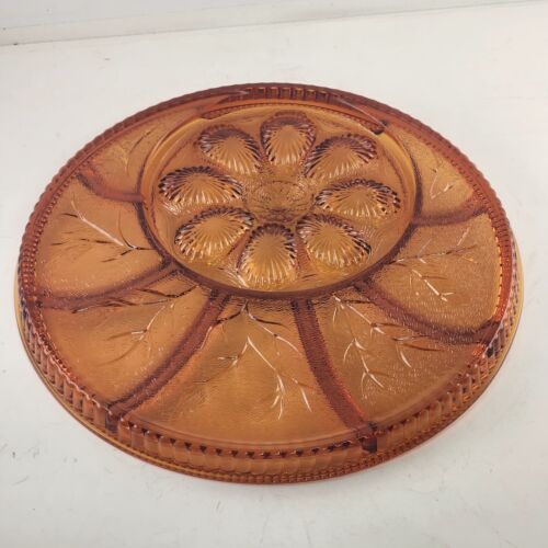 Indiana Glass Pebble Leaf Amber Egg Relish Serving Platter Vintage 12.75" Round