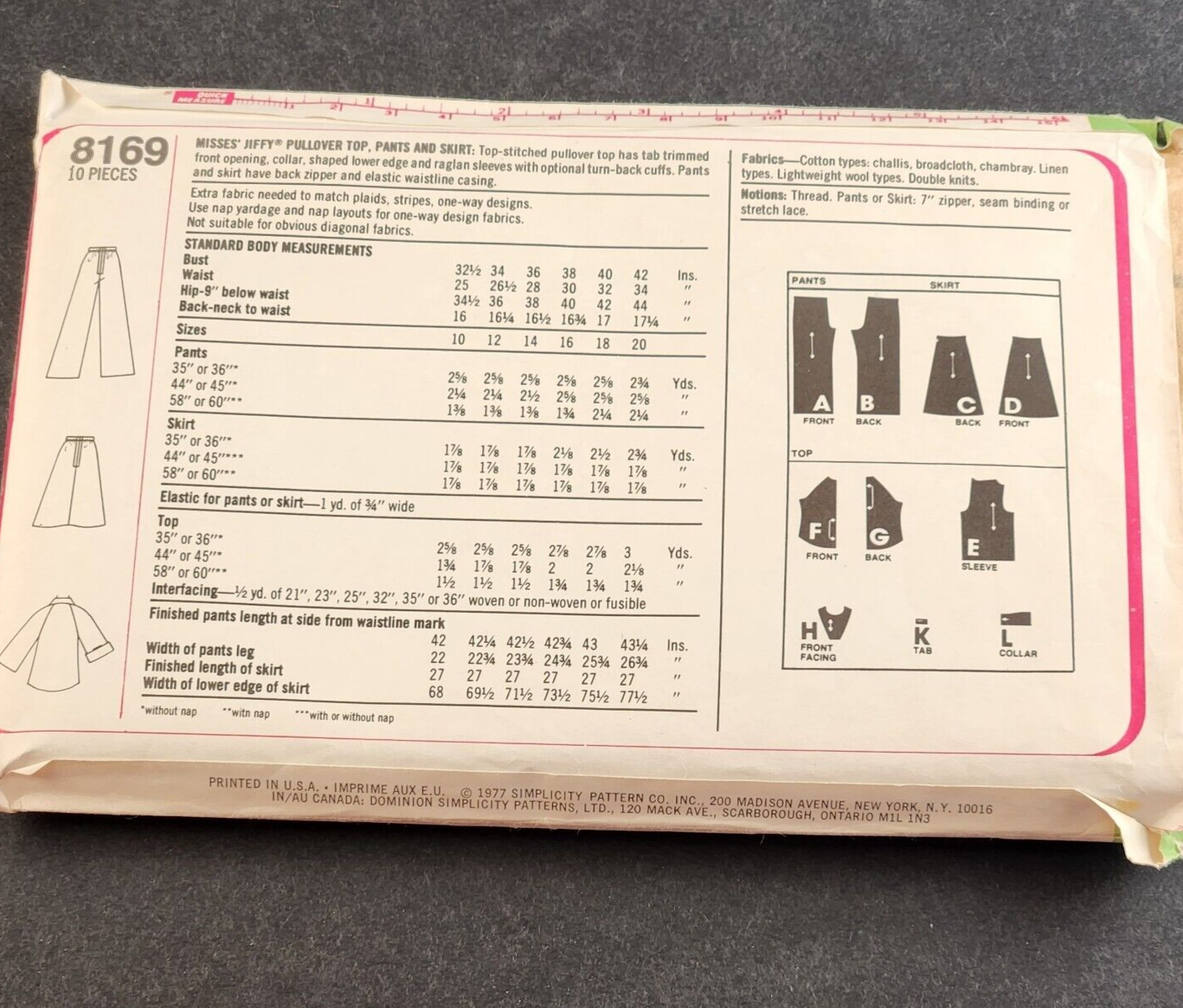 Simplicity 8169 Vintage Sewing Pattern Misses Jiffy Pullover Top Pants Skirt 16