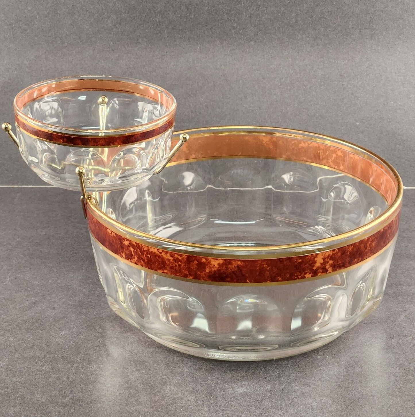 Arcoroc Glass Chip Dip Set w Dip Bowl Bracket France Brown and Gold Border Trim