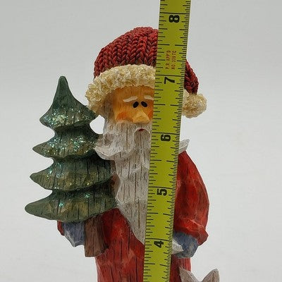 Christmas Santa Claus Resin Figurine Carved Look Holding Tree w Rabbit at Feet