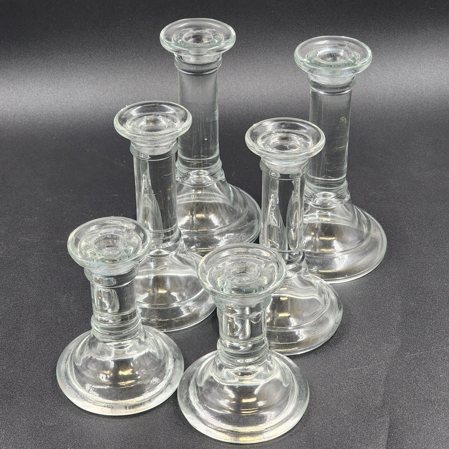2 Heavy Clear Glass Candlestick Holders Pillar Round Height Choice Poland Vtg