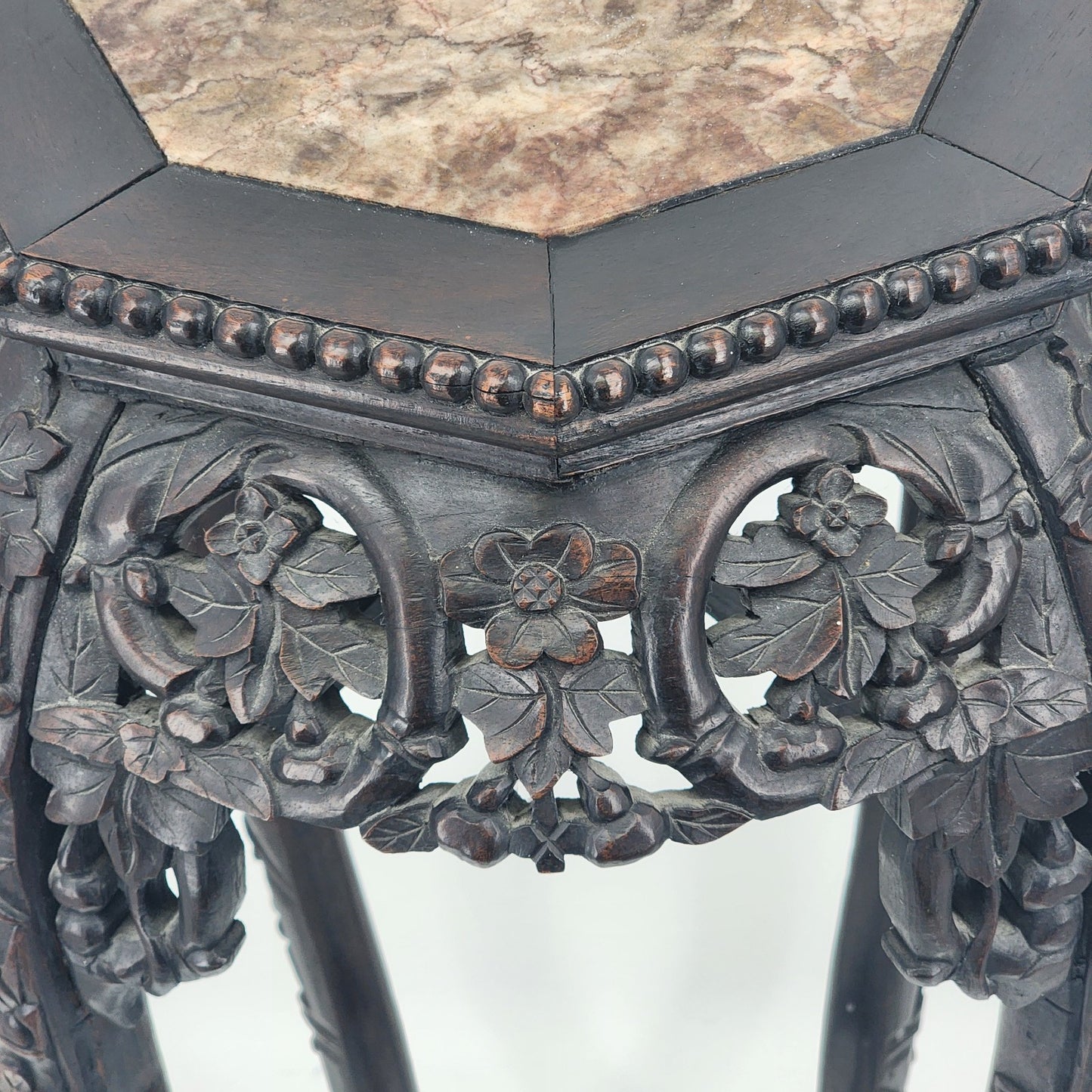 Chinese Jardiniere Tall Stand Hand Carved Wood Marble Side Pedestal Table 35"