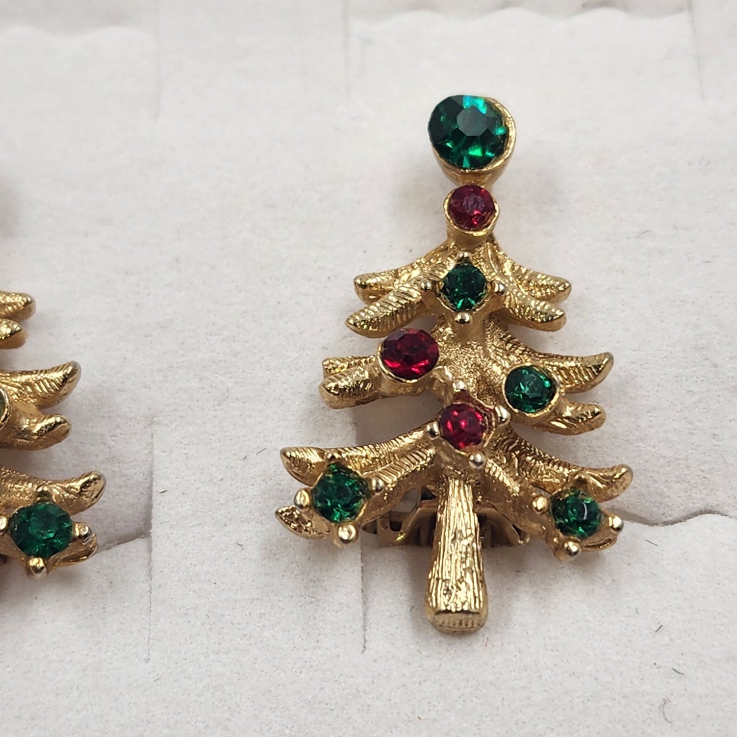 Christmas Tree Gold Tone Clip On Earrings Set w Red Green Rhinestones