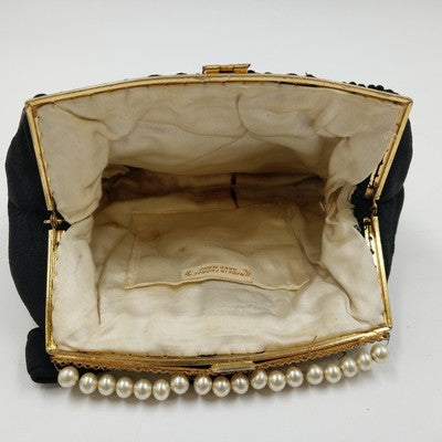 Black French Evening Clutch Bag Wrist Strap French Knot Embroidered Pearls 1930s