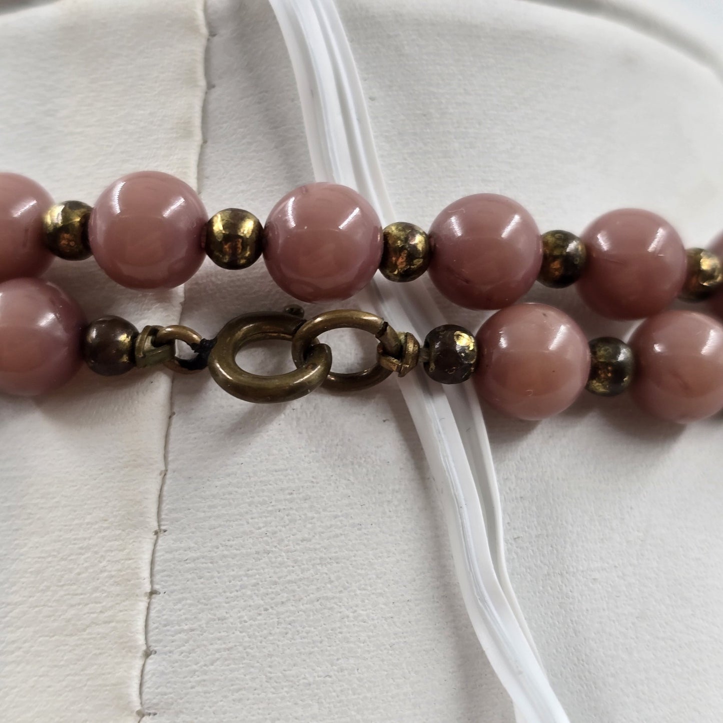 Gold Tone Pink Shiny Glass Faux Pearl Stone Bead Long Necklace 26.5"