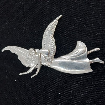 Metal Pewter Angel Brooch Pendant April Birthstone Diamond Crystal 3"Pin Vintage