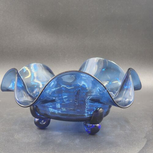 Hand Blown Blue Ruffled Glass Bowl 3 Affixed Feet 11" x 5" OOAK