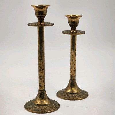 Set of 2 Solid Brass Candlestick Holders 7" & 8" Tall Vintage India Round Base