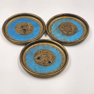 Set of 3 Italian Toleware Coasters Gold Burnt Umber Pale Blue Handcrafted Italy 3.5"