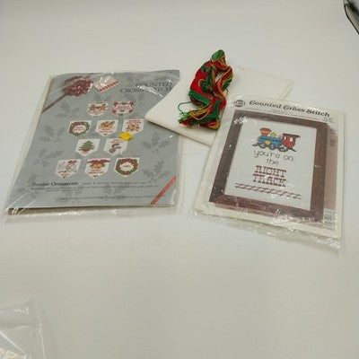 Set of 2 Counted Cross Stitch Kits Banner Christmas Ornaments & Right Track Kit