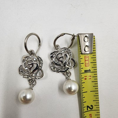 Silver Tone Floral with Crystal Rhinestone White Faux Pearl Dangle Earrings 1.5"