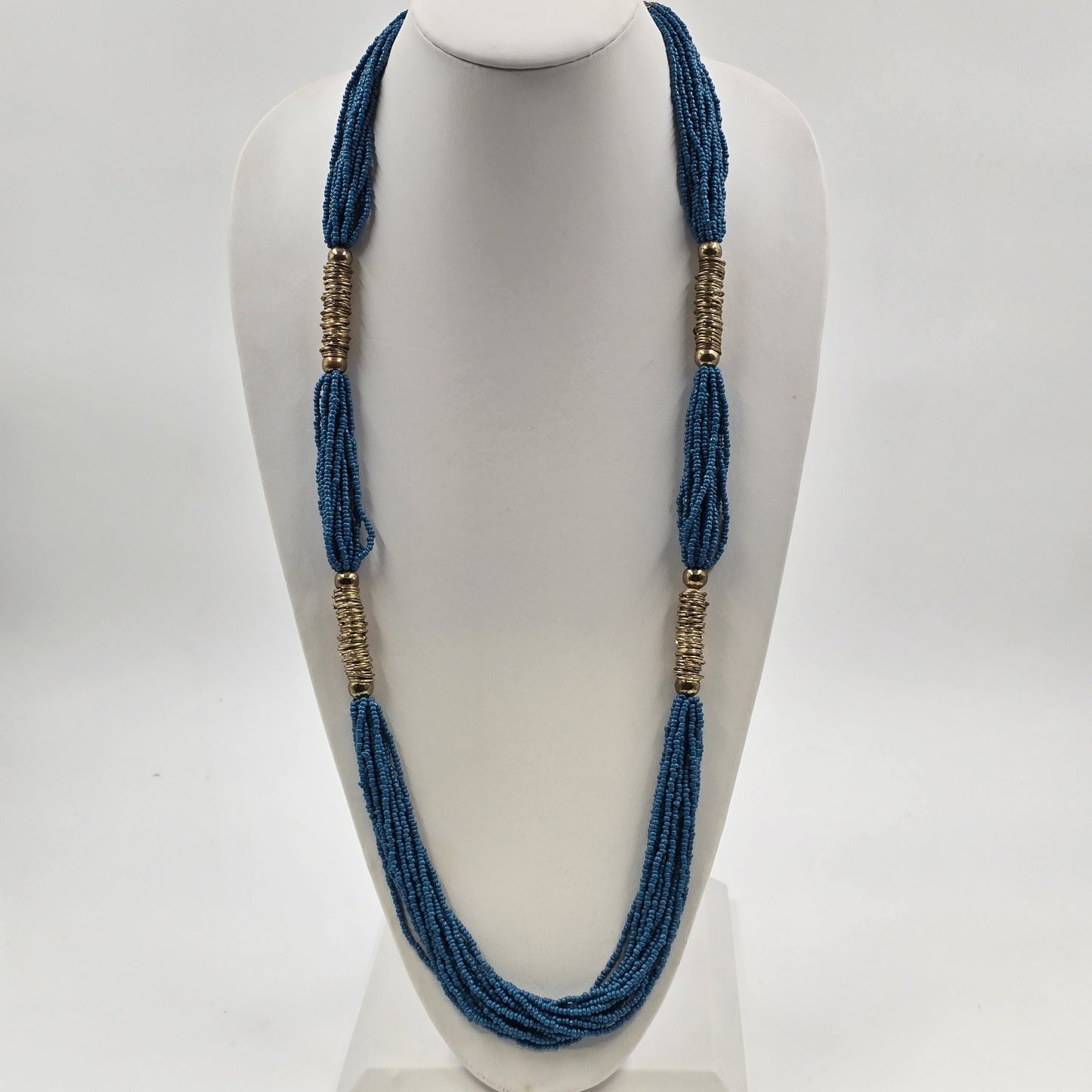Catherines Blue Seed Bead & Gold Tone Accents Multi Strand Necklace 19"