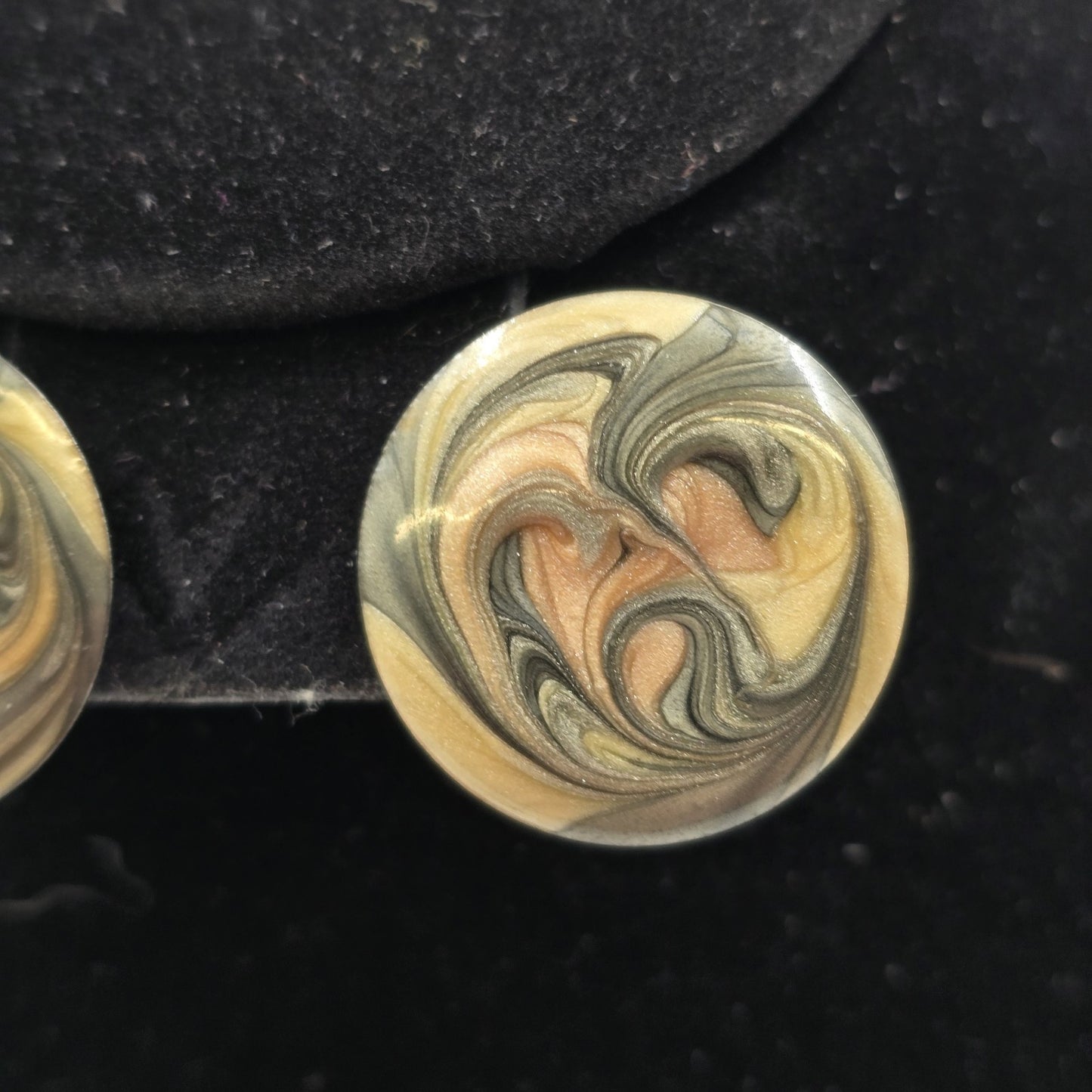 Round Enamel Gold Black Marbled Swirl Resin Silver Tone Earrings