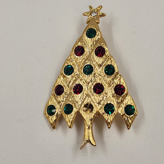 LIA Holiday Christmas Tree Gold Tone w Multicolor Rhinestone Brooch Pin 2" Vtg