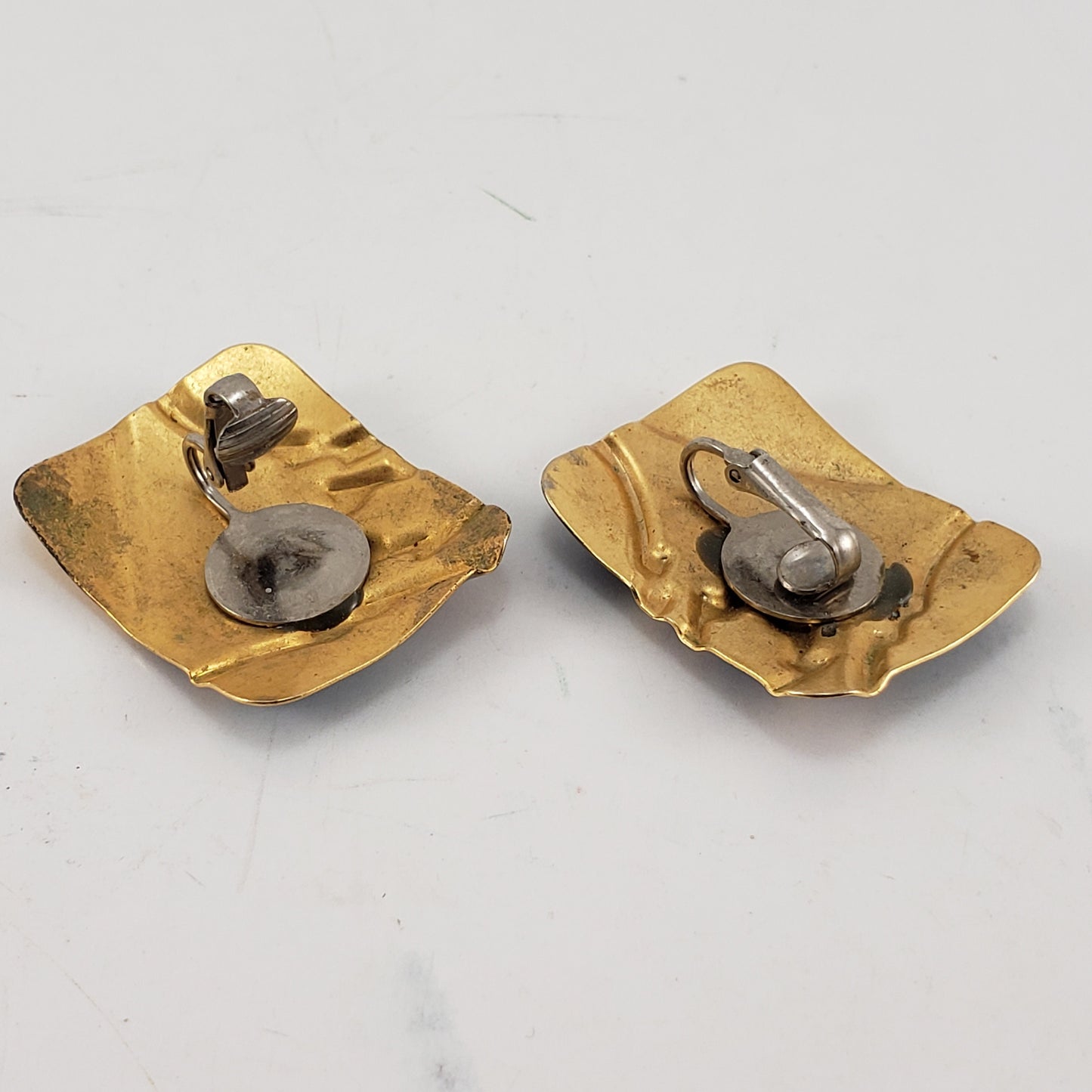 Vintage Square Gold Tone Blue Purple Enamel Clip On Earrings