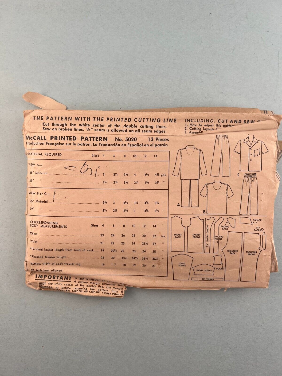 McCall's 5020 Vintage Sewing Pattern 1942 Boys Two Piece Pajamas Size 12