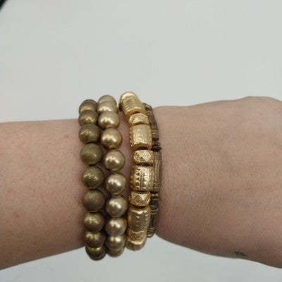 Set of 4 Bracelets in Faux Pearl Faceted Beads Brown & Gold Tone Stretchable 7"