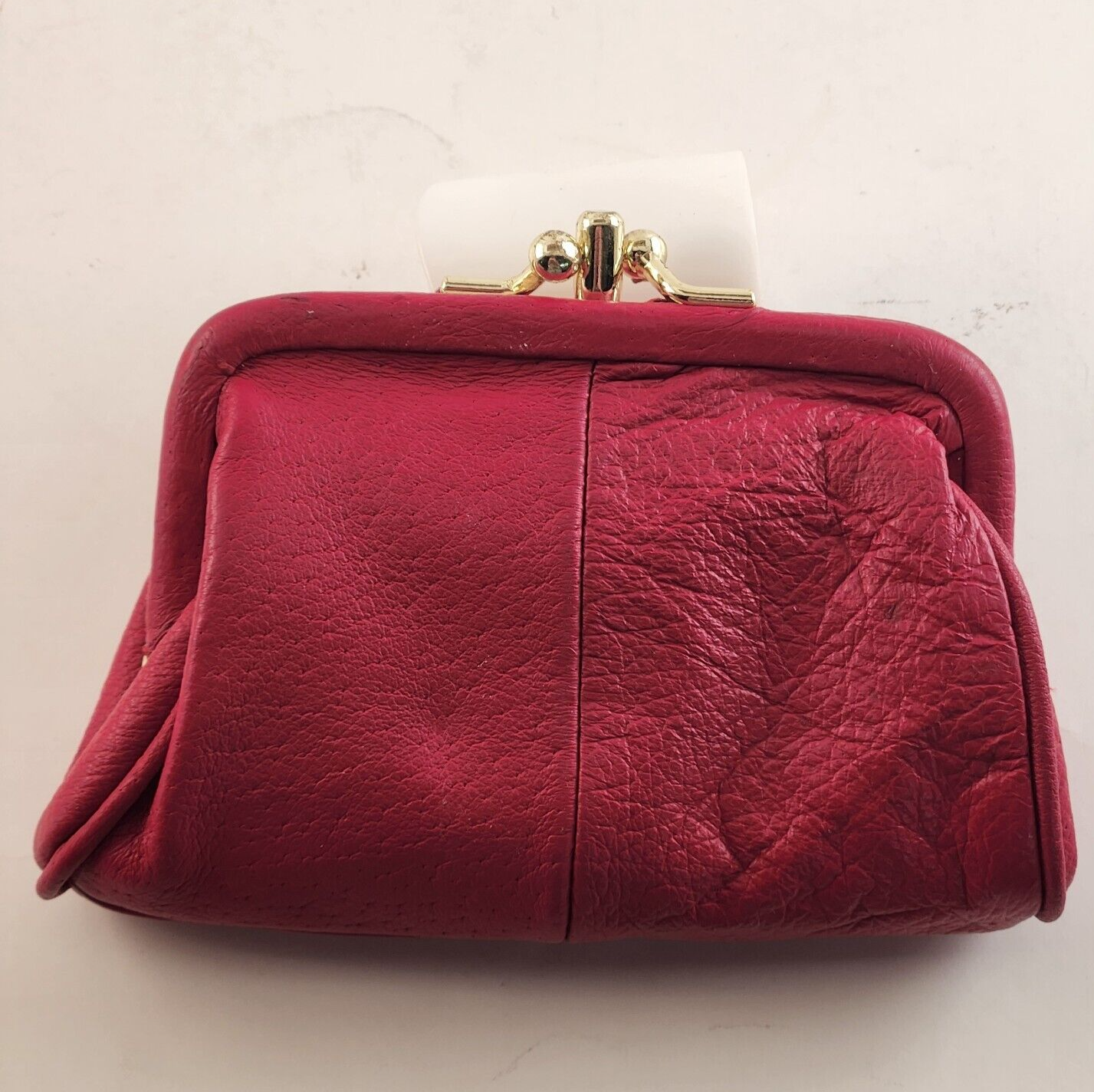 Red Leather Coin Purse Gold Accents Kiss Closure Interior Zipper