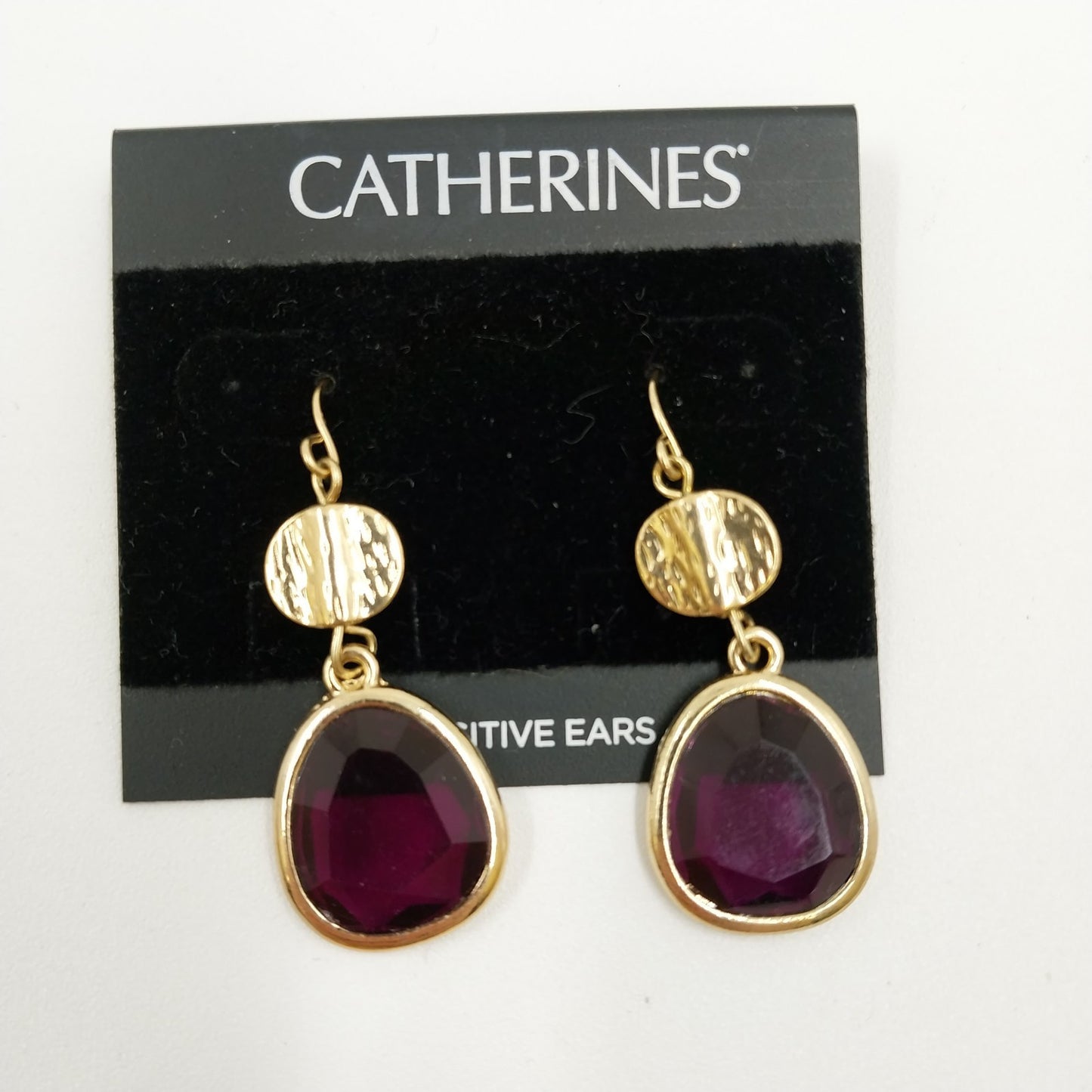 Catherines Earrings Garnet Gold Tone Disc with Purple Rhinestone Dangle 1.5"
