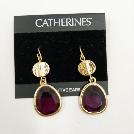 Catherines Earrings Garnet Gold Tone Disc with Purple Rhinestone Dangle 1.5"