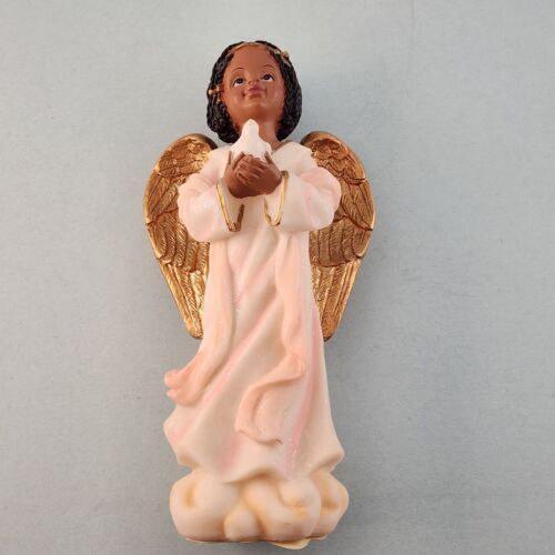 Little Girl Resin Angel Figurine Gold Wings Holding a White Dove 6½" H