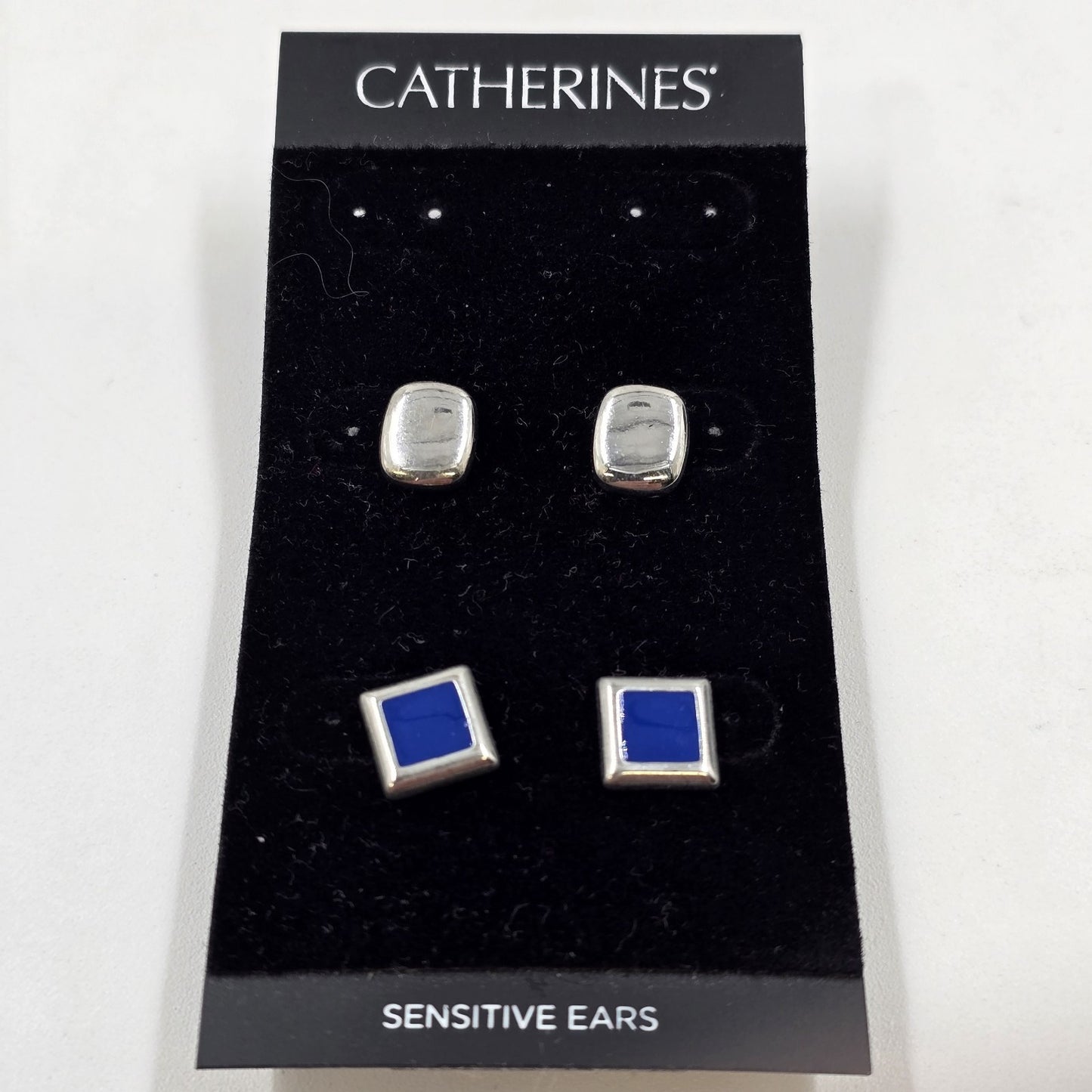 Catherines 2 Pair Silver Tone Clear & Solid Blue Small Earrings Sensitive Ears