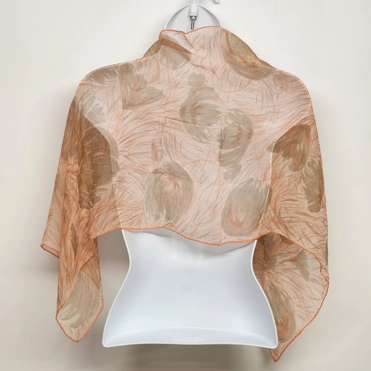 Peach Nylon Neck Scarf Sheer Floral Leaves Print 40"x15" Finished Edge Vintage