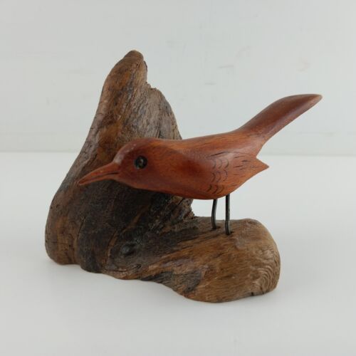 Wren Bird on Branch Signed Bryan Whaley Hand Carved Folk Art Sculpture 4.5"