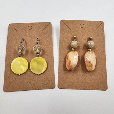 Set 2 Pierced Earrings Yellow Discs w Rhinestones & Marbled Bead Gold Tone Drop