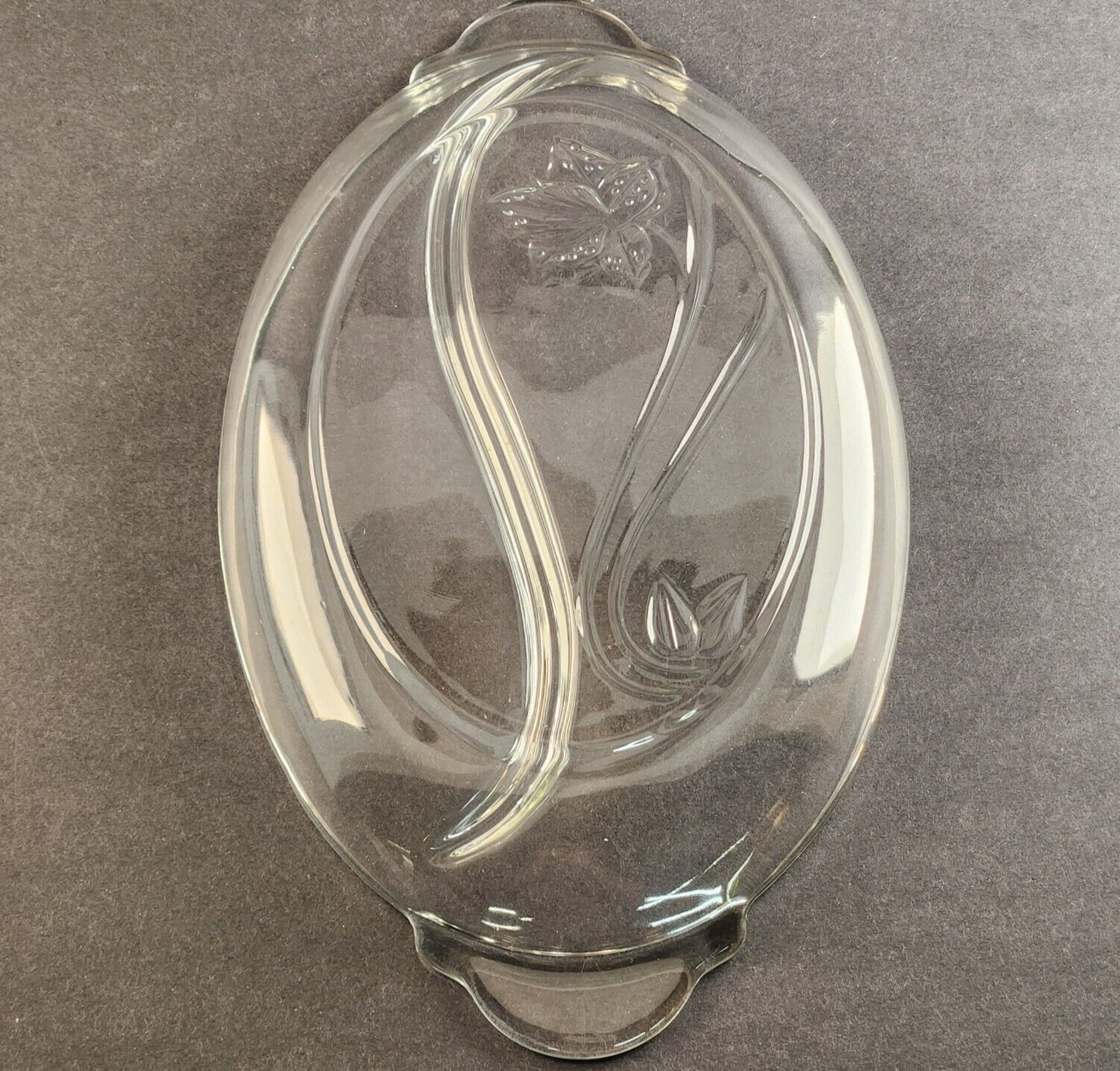 13" Oval 2 Section Relish Dish Clear Glass Frosted Leaf Anchor Hocking Vintage