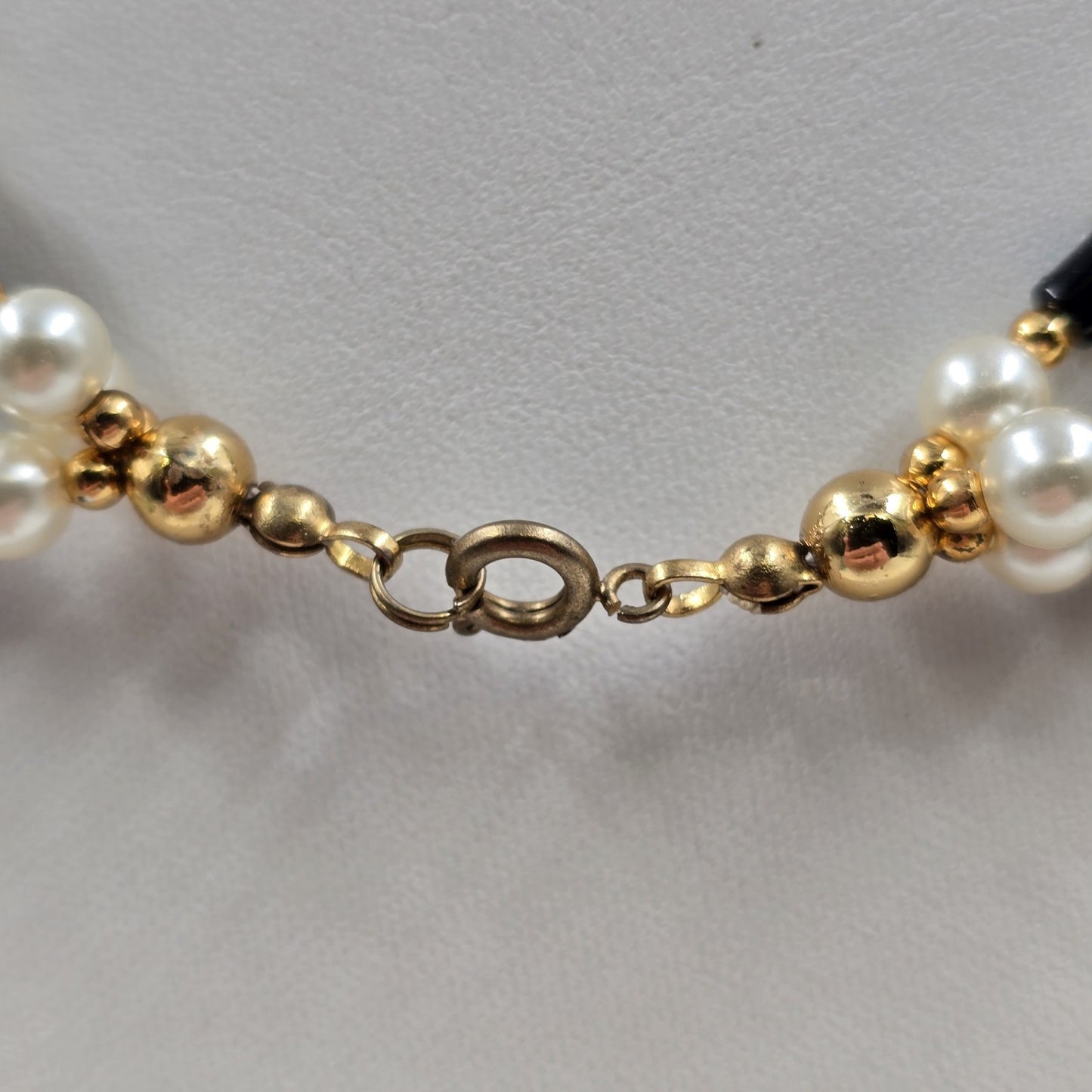 Multi Strand Necklace by Seta in Gold Tone Black Beads White Faux Pearl