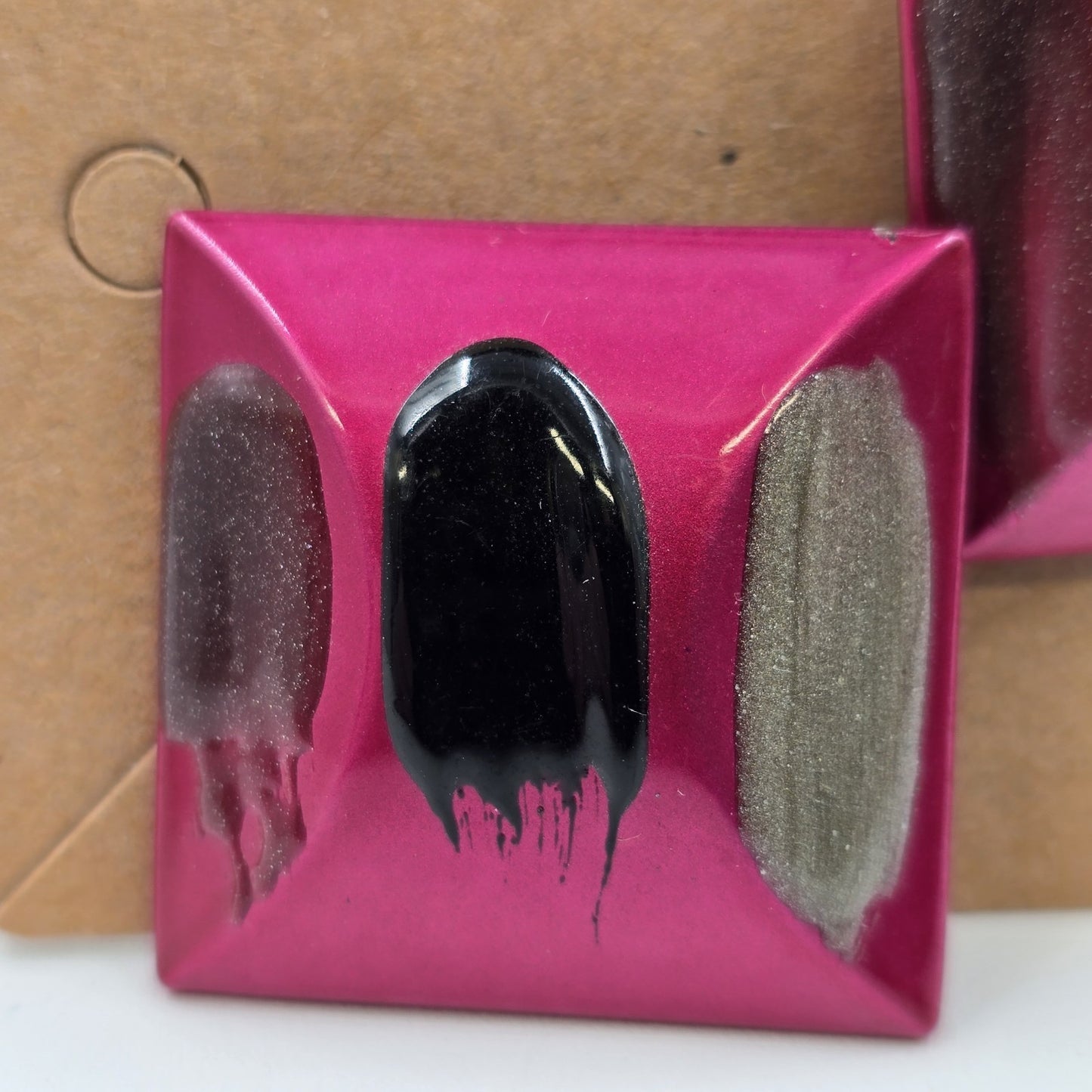 Earrings in Large Square Shiny Magenta with Gray Black Enameled 1.25" Push Back