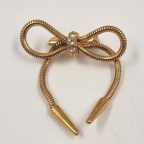 Gold Tone Mesh Rope Bow Brooch with Rhinestones & Tassels 1.5" Wide Vintage