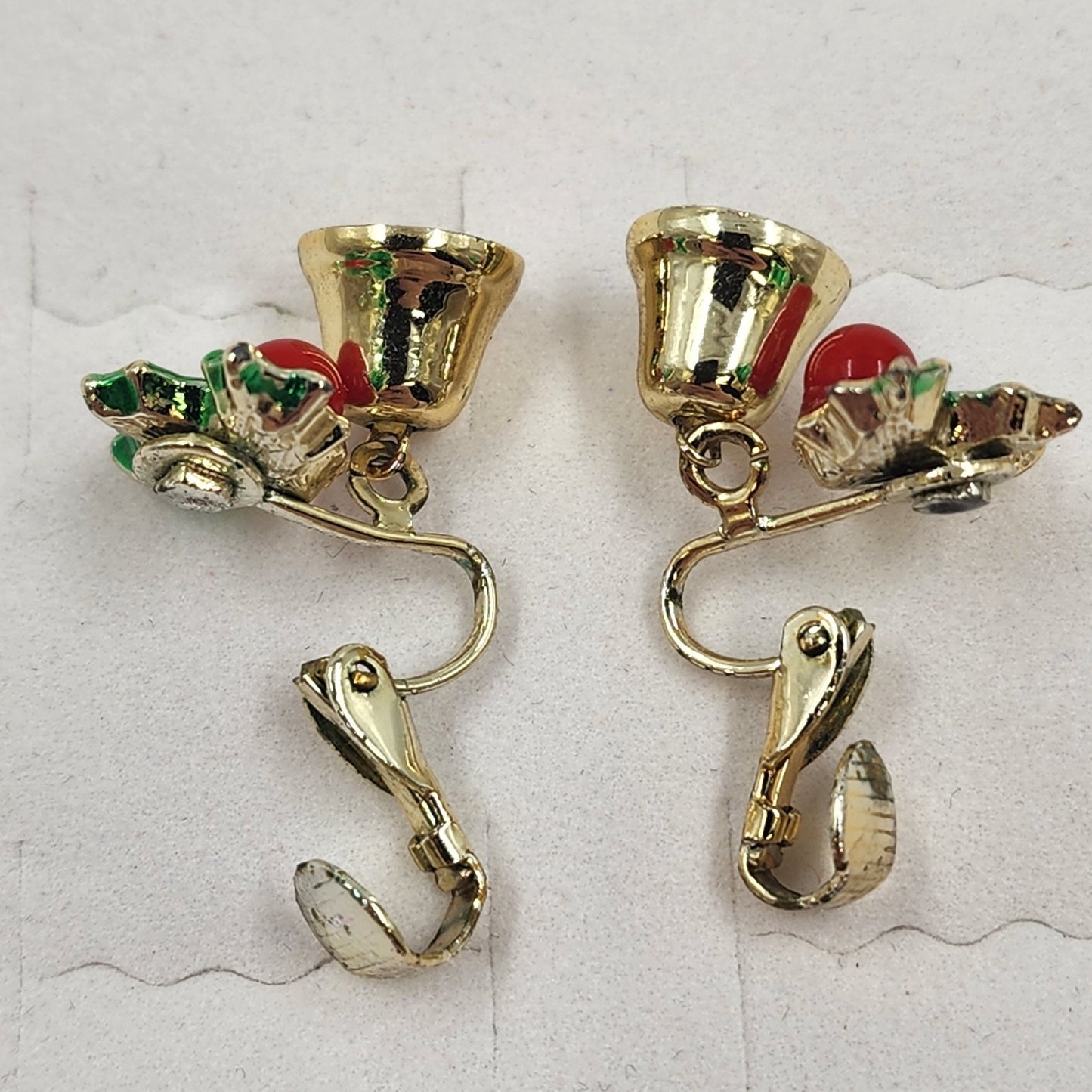Gold Tone Holly & Bell Clip Earrings Vintage Christmas Fashion Jewelry 0.75"