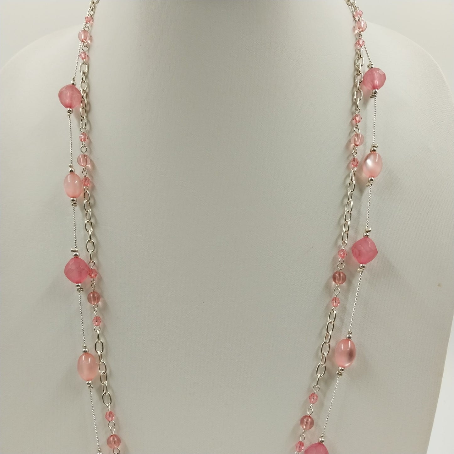 Silver Tone Necklace and Earrings Set in Pink Faux Pearl Beads Double Strand 15"