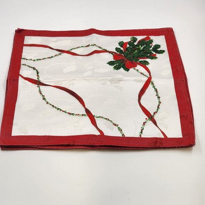 Set of 4 White Red Christmas Napkins 17x16" Holly Design Red Border Hemmed