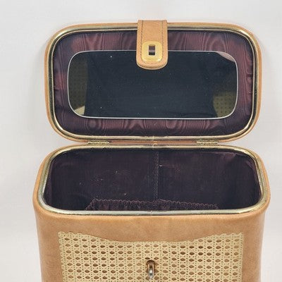 Tan Leather Train Case – 10.5" Travel Luggage with Cane Web Front, Latch Closure, Pockets & Interior Mirror Vintage