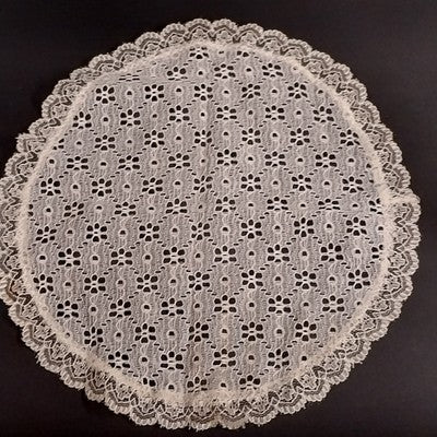 Matching White Table Runner w Two Round Lace Crocheted Eyelet Ruffled Doilies